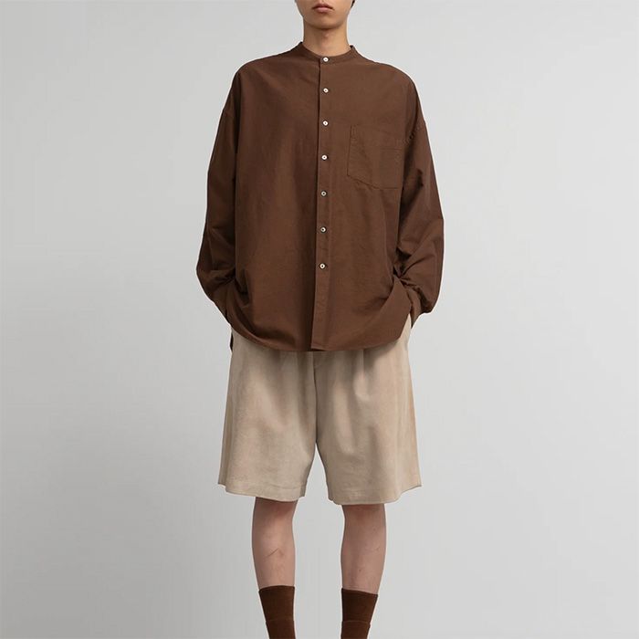 Oxford L/S Oversized Band Collar Shirt / BROWN