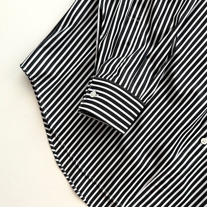 High Count Regular Collar Round Cut Oversixed Shirt / BLACK STRIPE