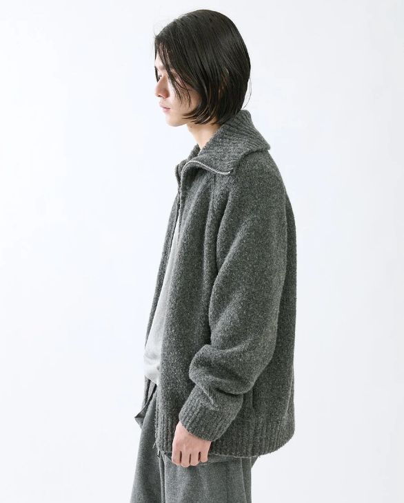 HIKER HIGH NECK ZIP BLOUSON WOOL BOUCLE KNIT / CHARCOAL / ニットブルゾン