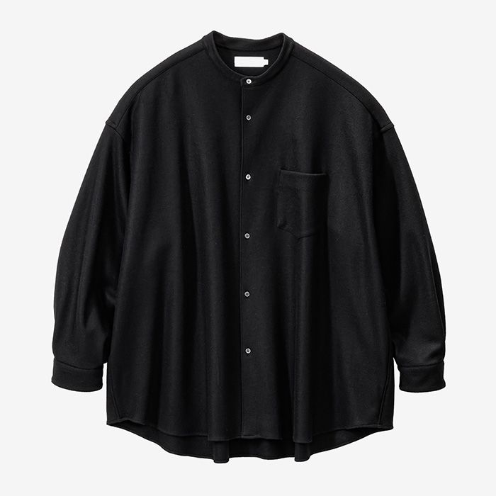 Wool Smooth Flannel Oversized Band Collar Shirt  / BLACK