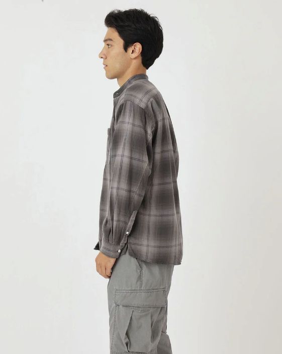 OFFICER STAND COLLAR L/S SHIRT COTTON TWILL OMBRE CHECK by Rafu / GRAY