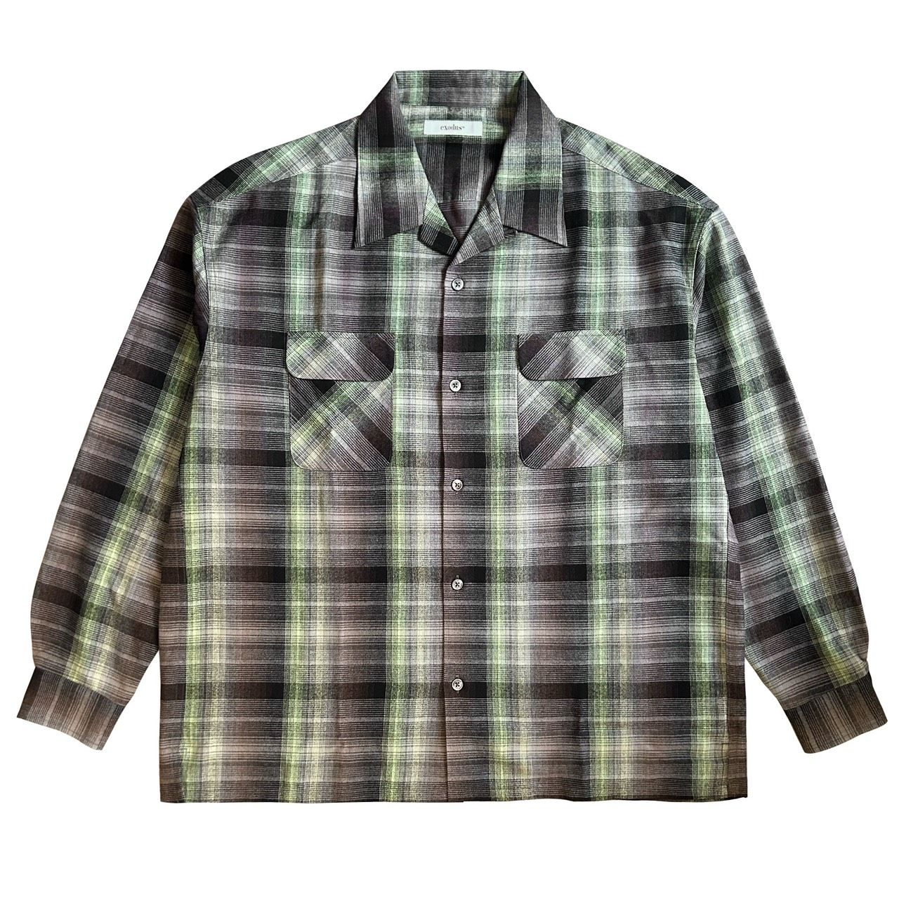 HEAVY WEIGHT RAYON OMBRE CHECK OPEN COLLAR SHIRT / BROWN×GREEN / オンブレチェックシャツ