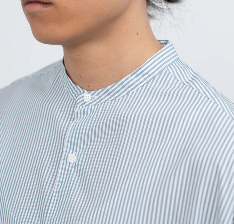 Broad Stripe S/S Oversized Band Collar Shirt / GREEN STRIPE - F