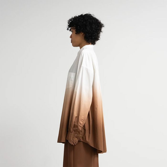Broad L/S Oversized Band Collar Shirt / BROWN