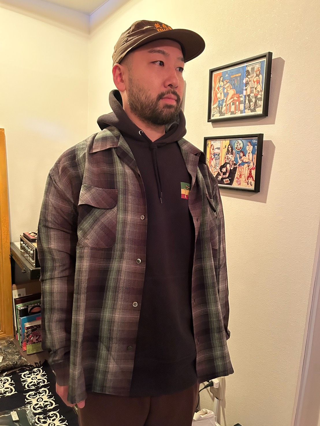 HEAVY WEIGHT RAYON OMBRE CHECK OPEN COLLAR SHIRT / BROWN×GREEN / オンブレチェックシャツ