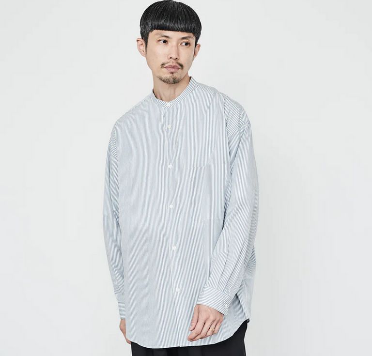 Graphpaper - Broad Stripe L/S Oversized Band Collar Shirt / GREEN