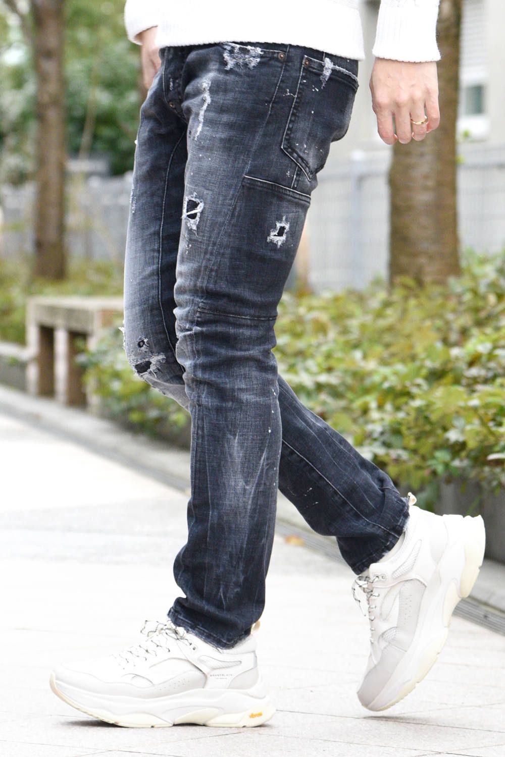 TIDY BIKER JEANS / タイディバイカージーンズ ヴィンテージウォッシュ ペイント&リペア ブラックユーズド - 42