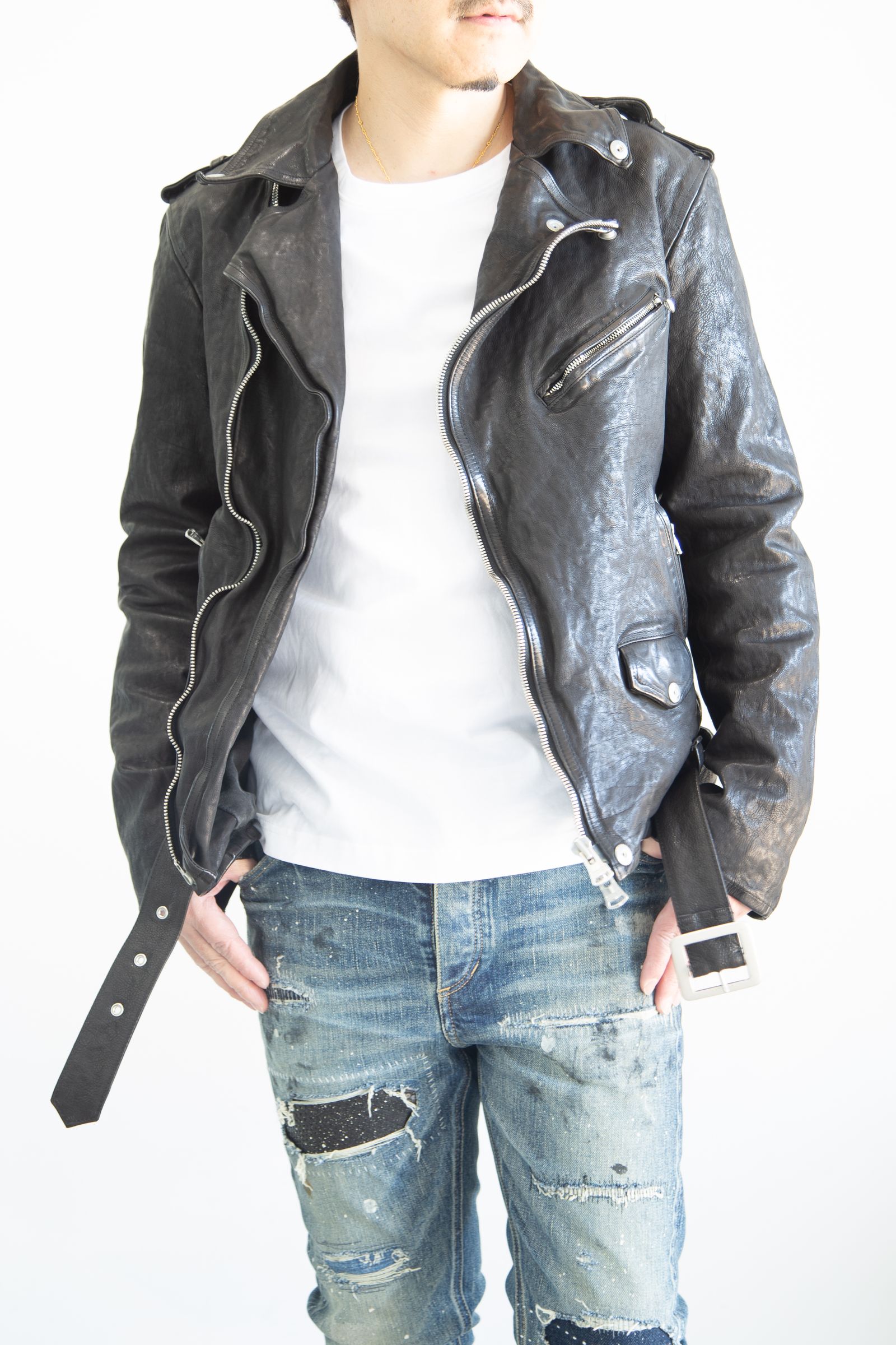 JAPAN CALF NATURAL DYED “GARMENT-WASH” DOUBLE RIDERS / ブラック