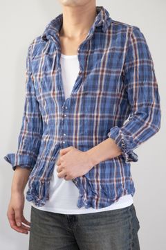 [ラスト1点 サイズ4] WRINKLE HOOK SHIRTS / ブルーxグレー