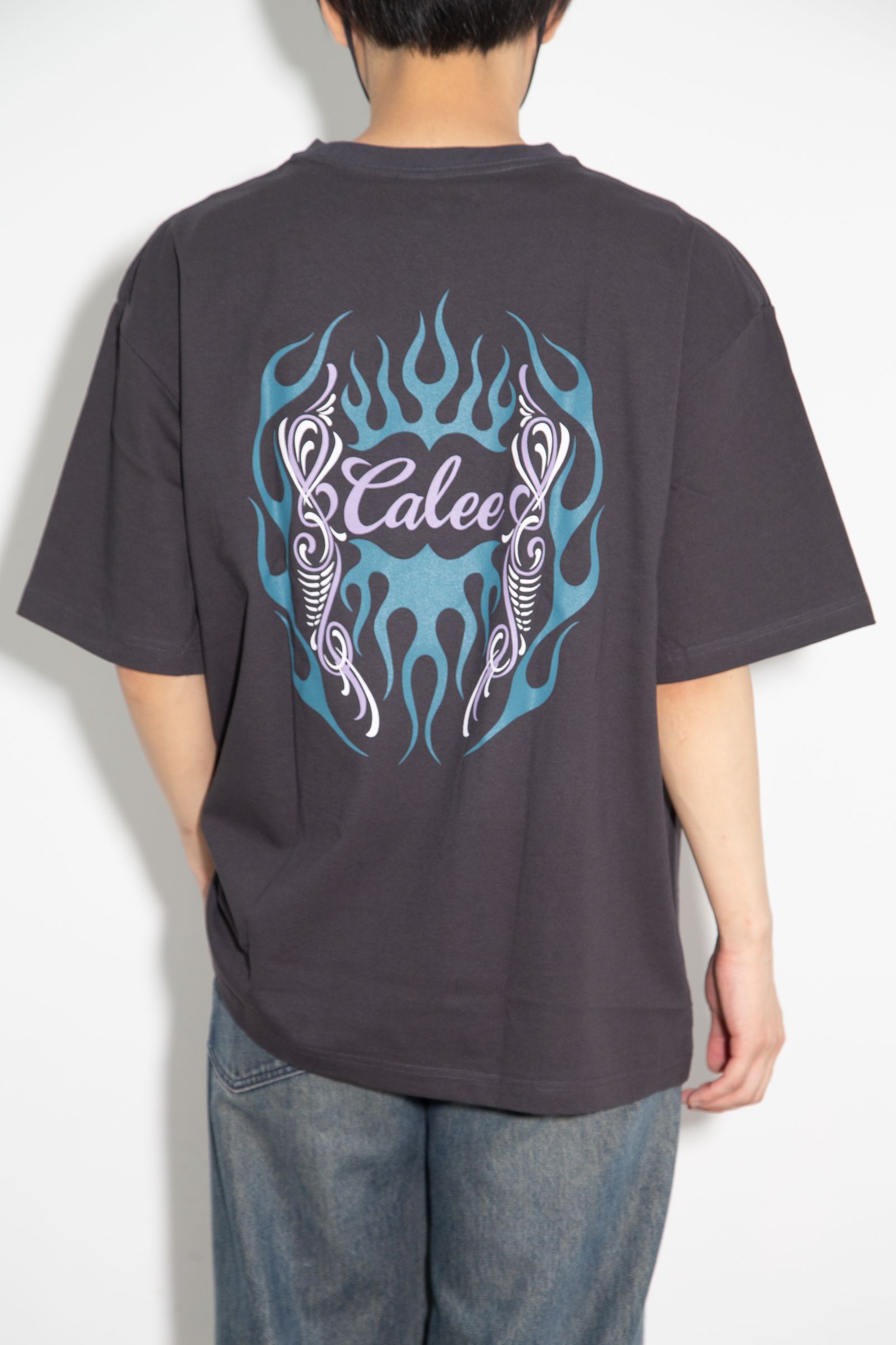 VINTAGE TYPE FLAME LOGO PINSTRIPING S/ S TEE ＜NATURALLY PAINT DESIGN＞ / ブラック