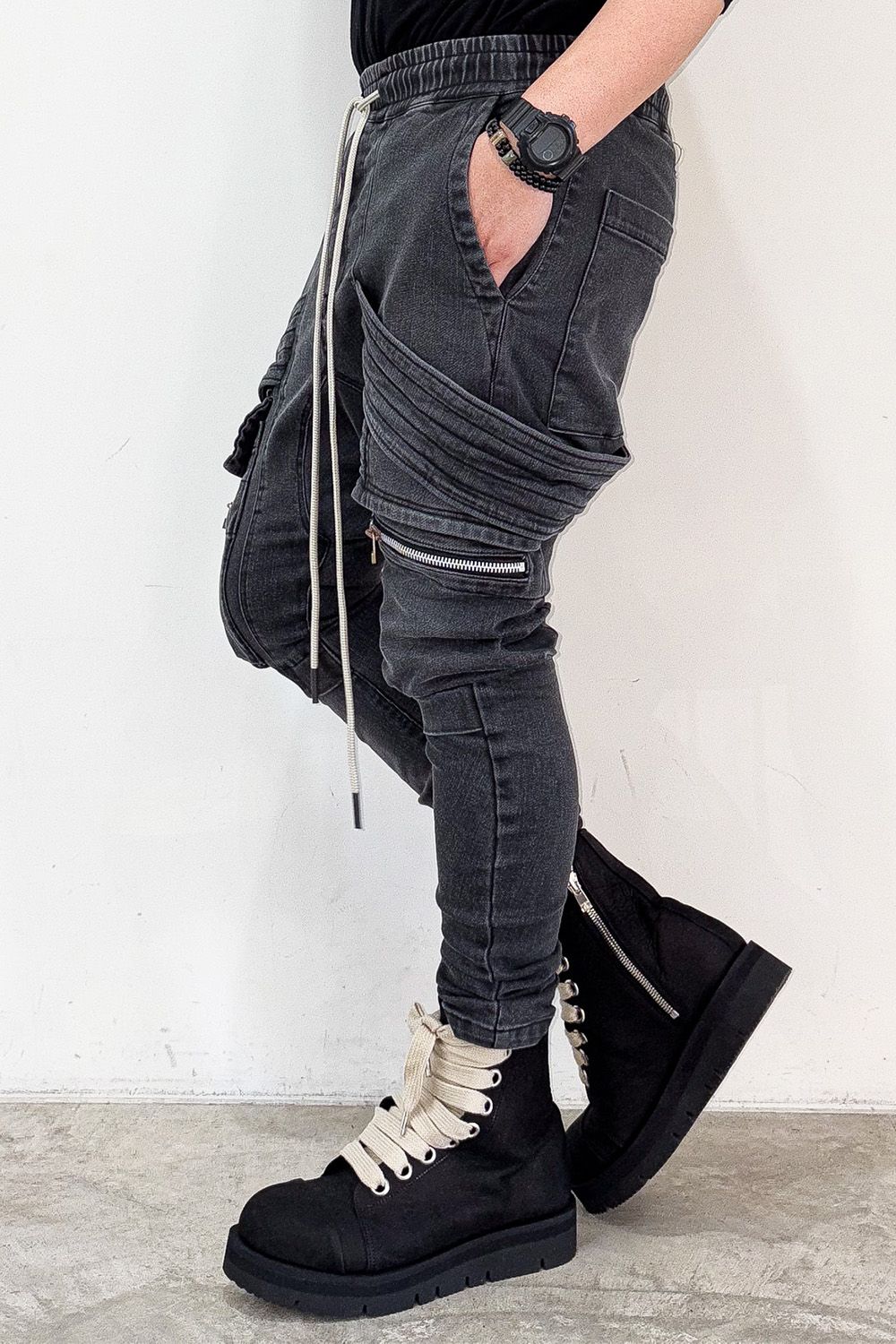 サルエルカーゴスキニーデニム / Indigo Denim Cargo Sarouel Skinny / ダメージブラック / ag-6036-2