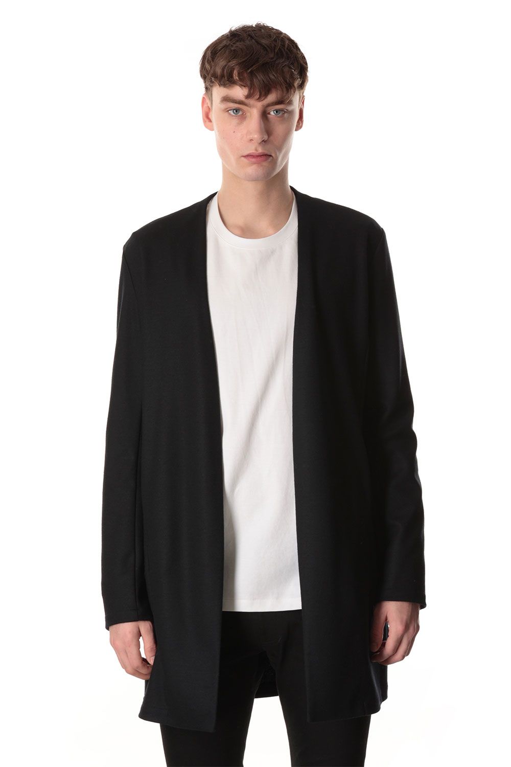 WO SMOOTH COLLARLESS LONG CARDIGAN / ブラック