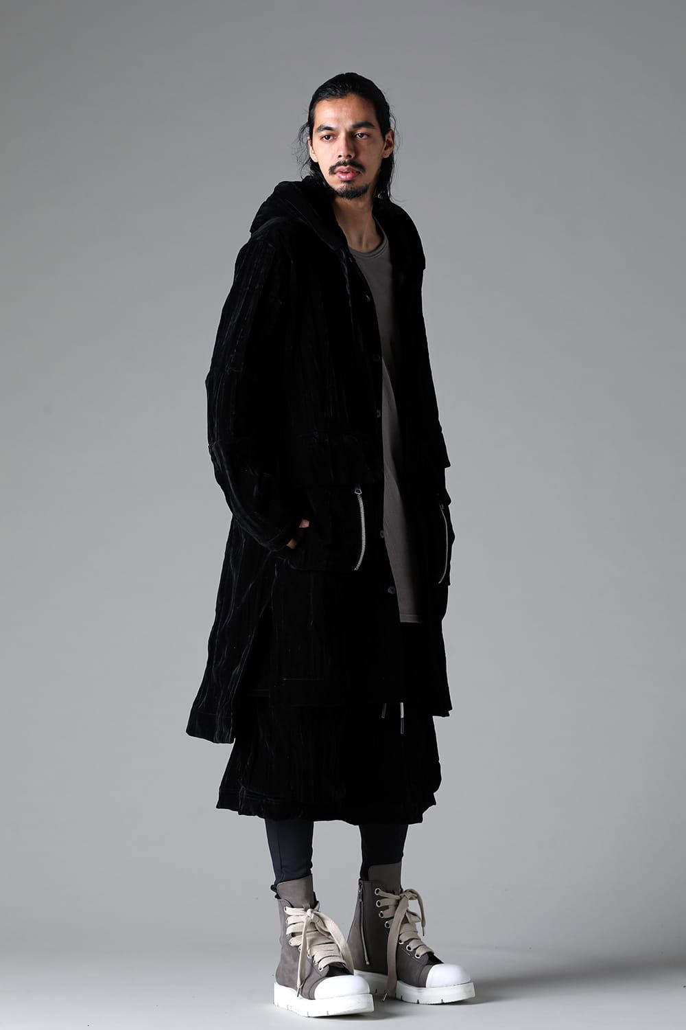 [ラスト1点 サイズ3] ベロアフーディーロングジャケット / HOODED LONG JKT / ブラック / ag-12037