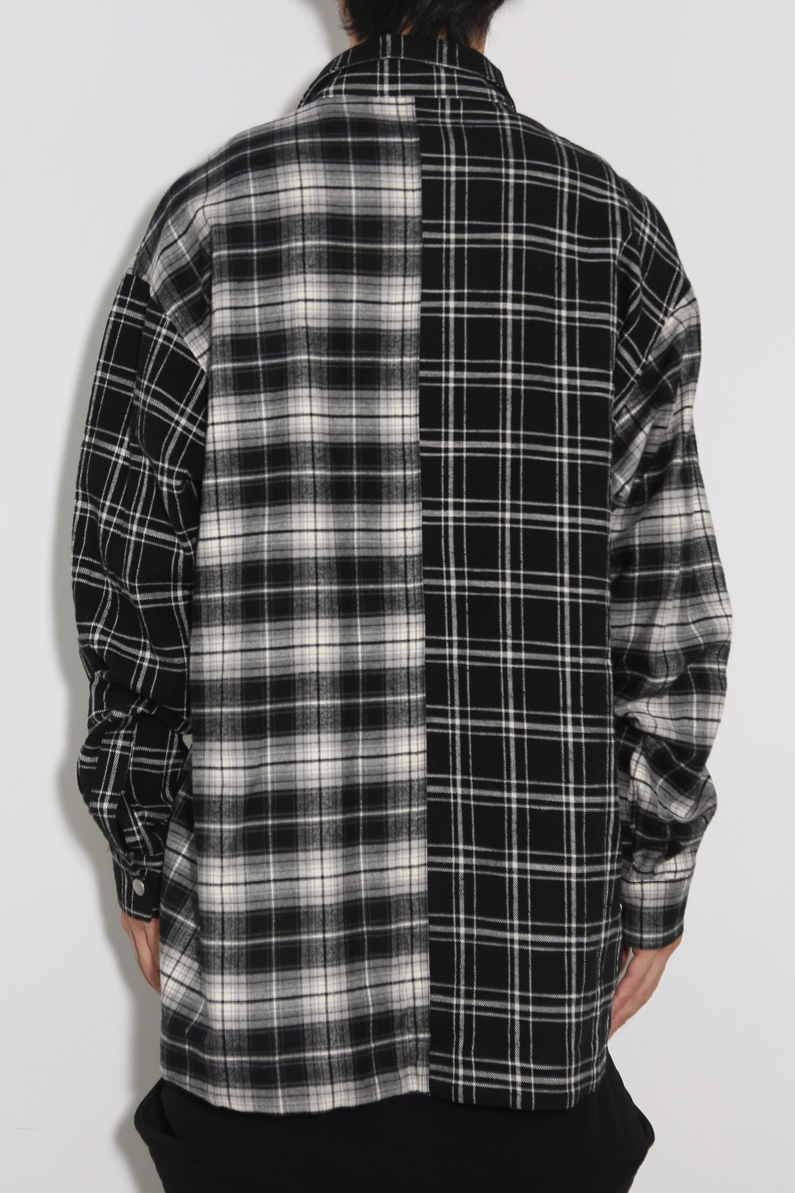 アシンメトリーチェックコンビシャツ / Check Pattern Combi Shirts / ブラック / ag-8074