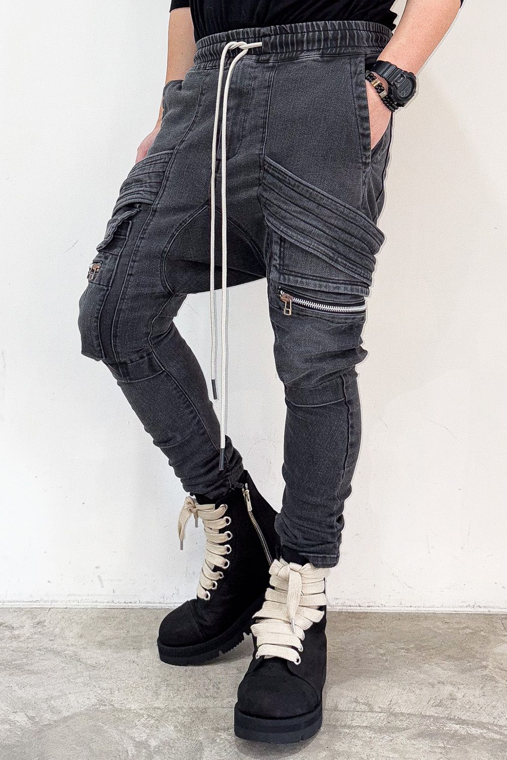 サルエルカーゴスキニーデニム / Indigo Denim Cargo Sarouel Skinny / ダメージブラック / ag-6036-2