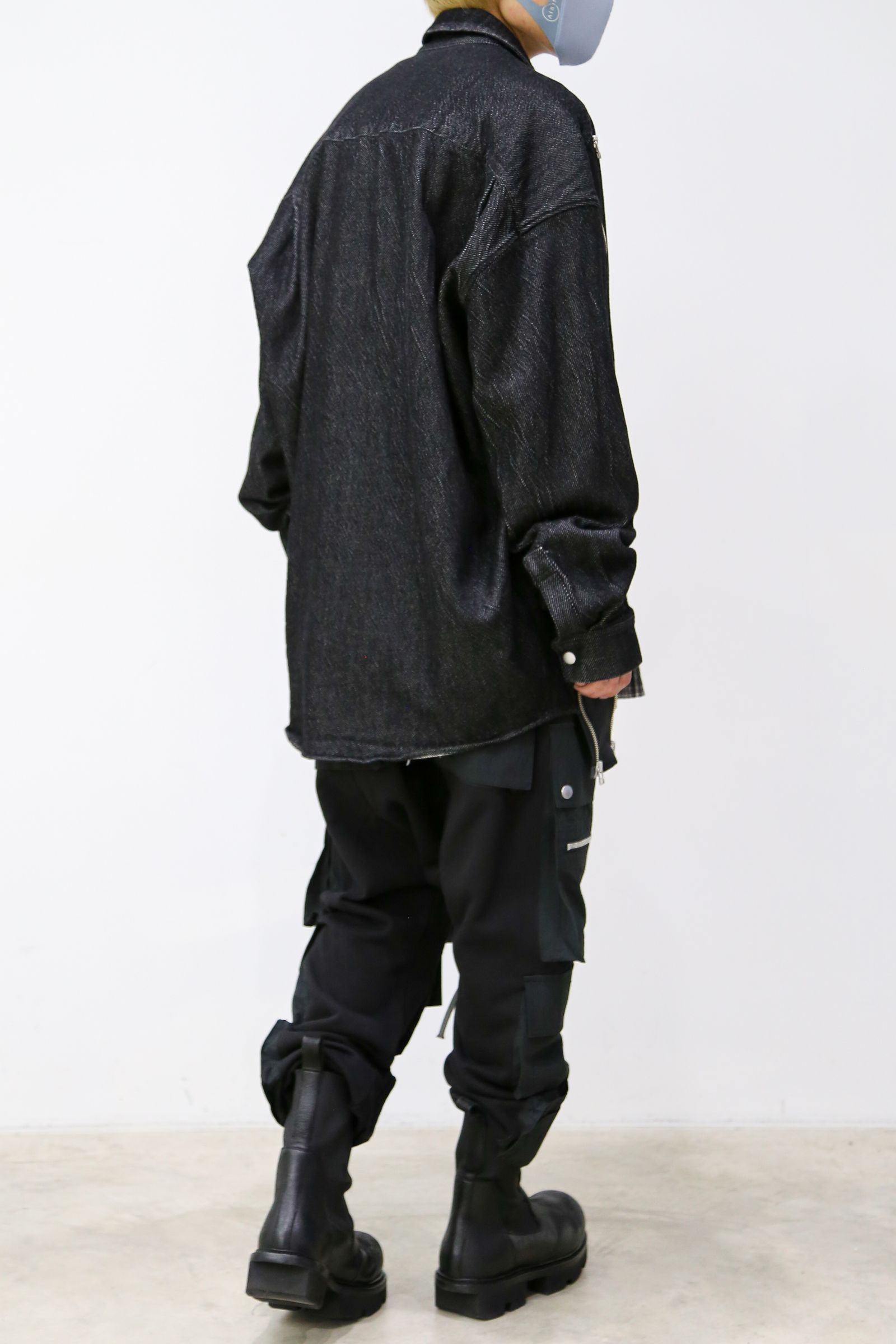 フロントジップアシンメトリーチェックコンビコクーンシャツ / FRONT ZIP ASYMMETRY CHECK COMBI COCOON  SHIRTS / ブラックチェック