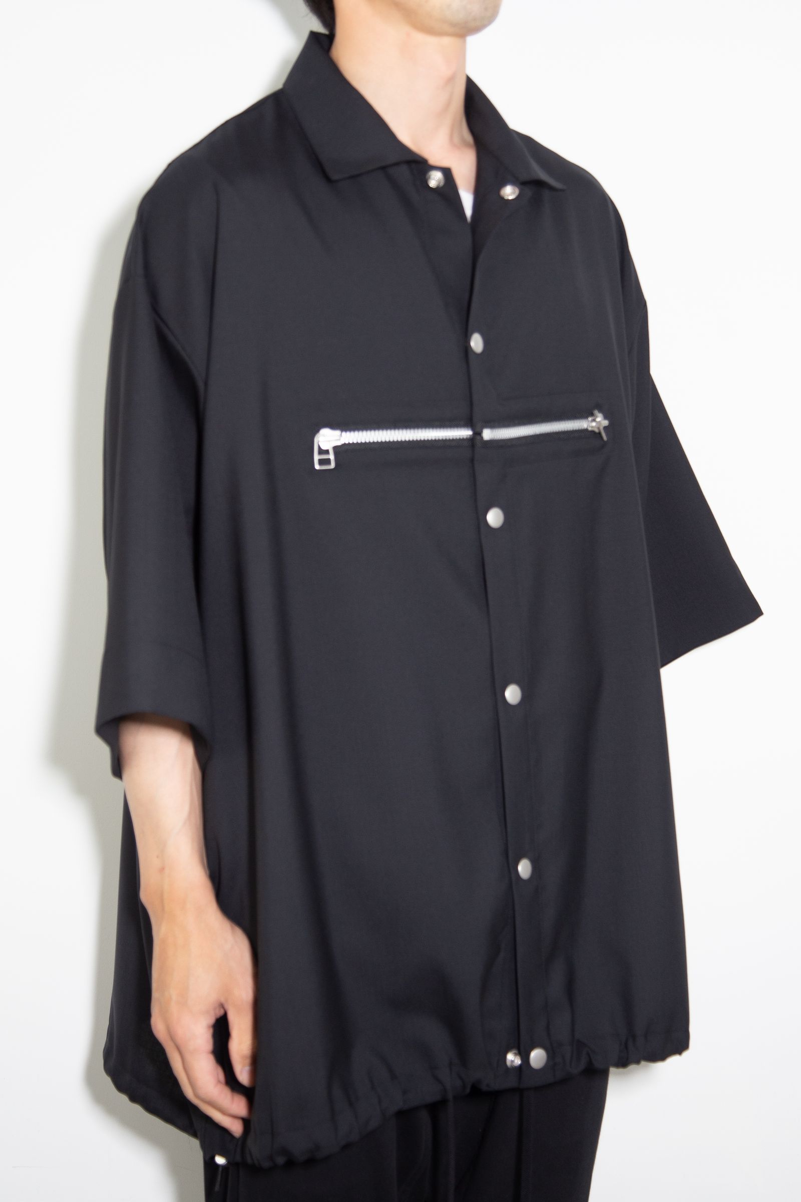 サマーウールハーフスリーブシャツ / Summer Wool Front Zip Harf Sleeve Shirts / ブラック / ag-9060-2