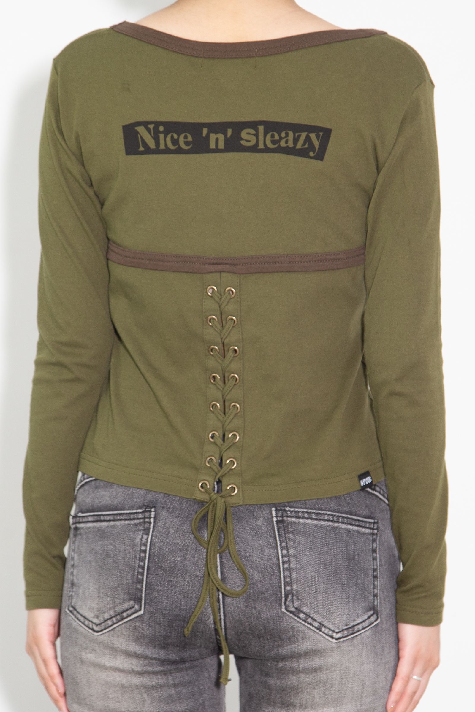 [ラスト1点] BUNNY GIRLレースアップ チビTシャツ / カーキ