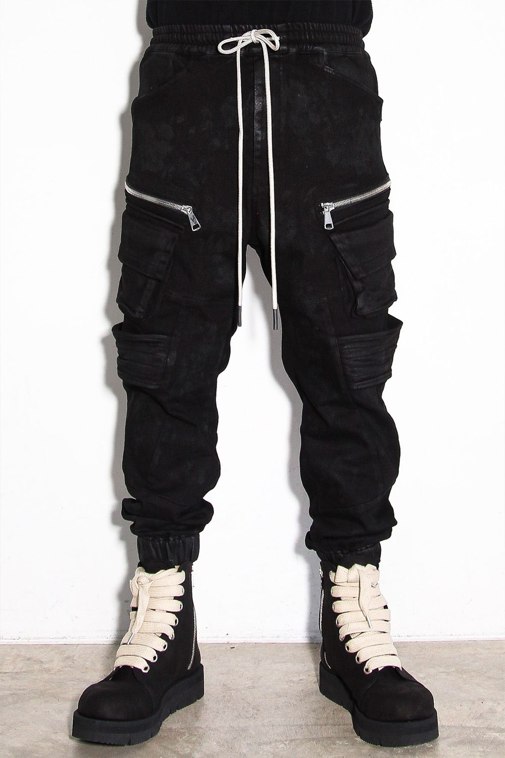【コーティングあり】ベルトカーゴジョガーデニム / COATED BELT CARGO JOGGER DENIM / ブラック / ag-12064-2