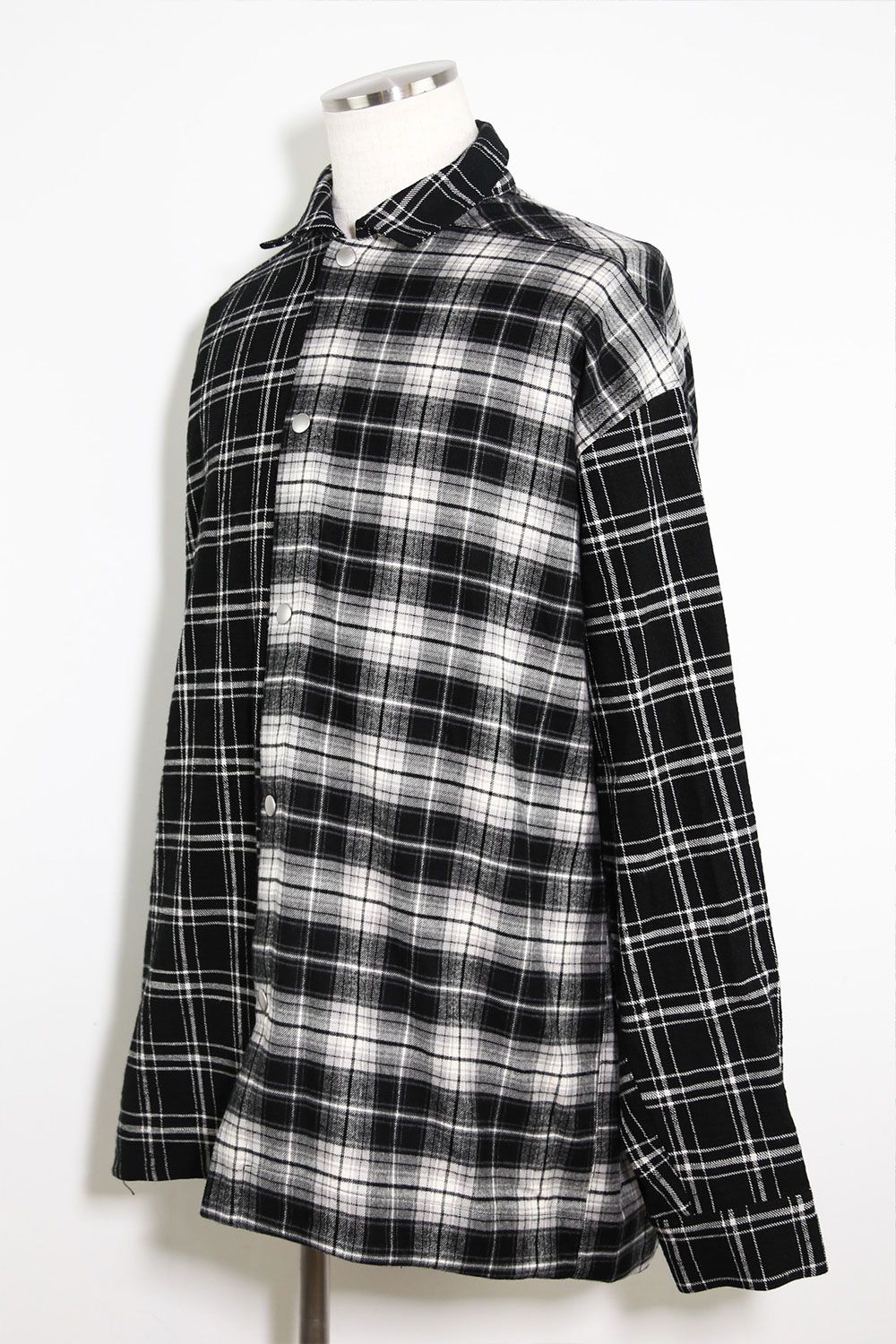 アシンメトリーチェックコンビシャツ / Check Pattern Combi Shirts / ブラック / ag-8074