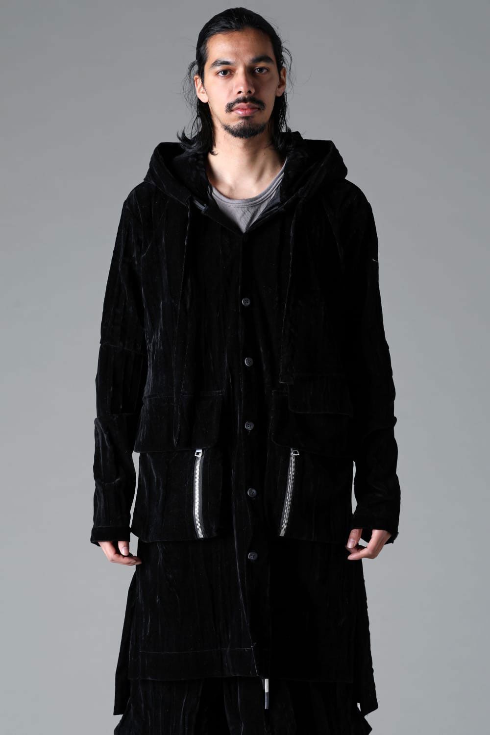 [ラスト1点 サイズ3] ベロアフーディーロングジャケット / HOODED LONG JKT / ブラック / ag-12037