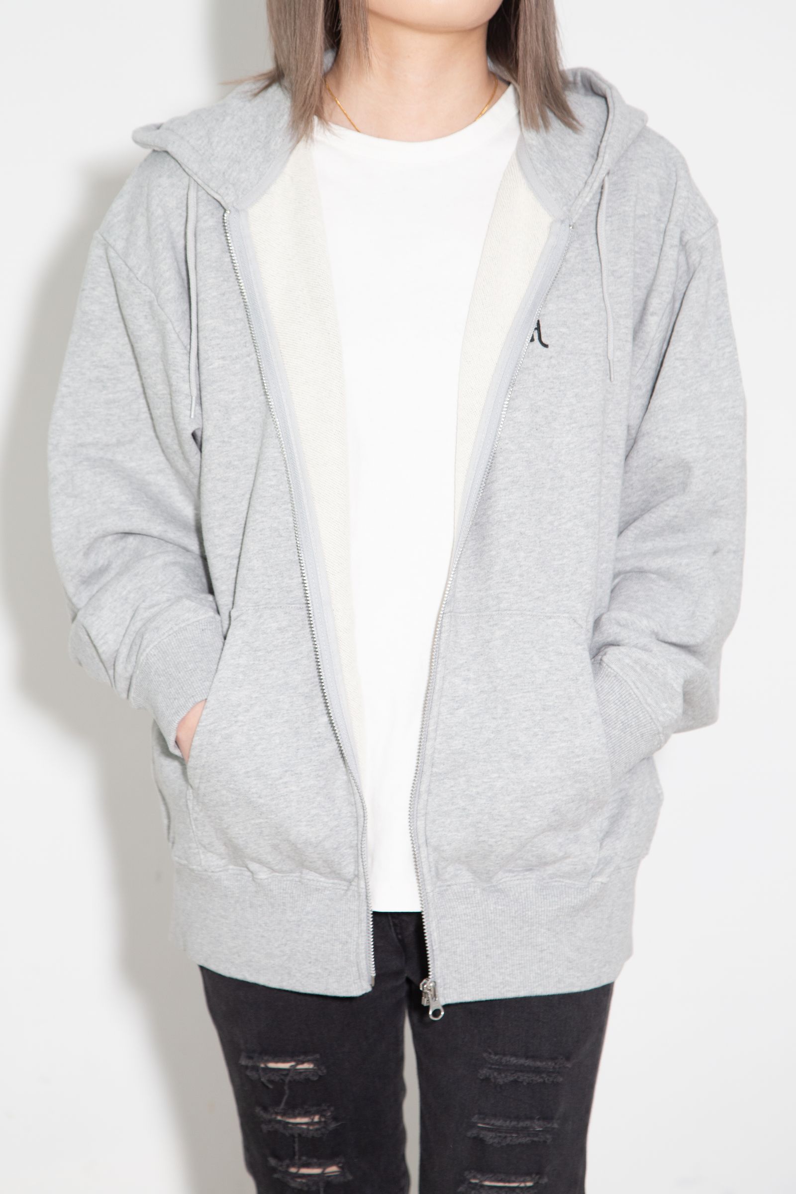 FACE PATCH AND LOGO ZIP UP SWEAT HOODIE / アッシュ