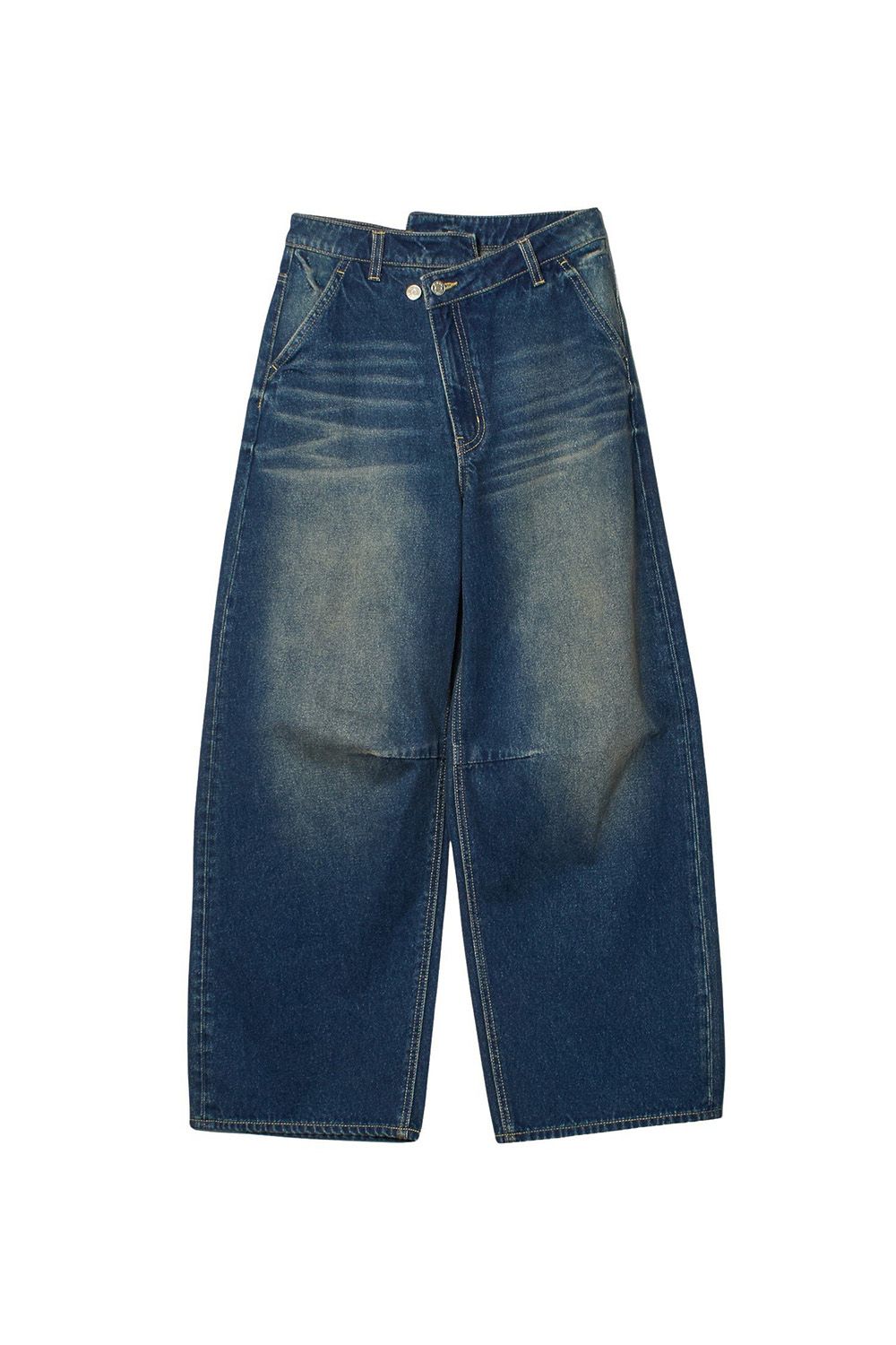 EMBLEM POCKET ASYMMETRIC WAIST DENIM PANTS / インディゴ