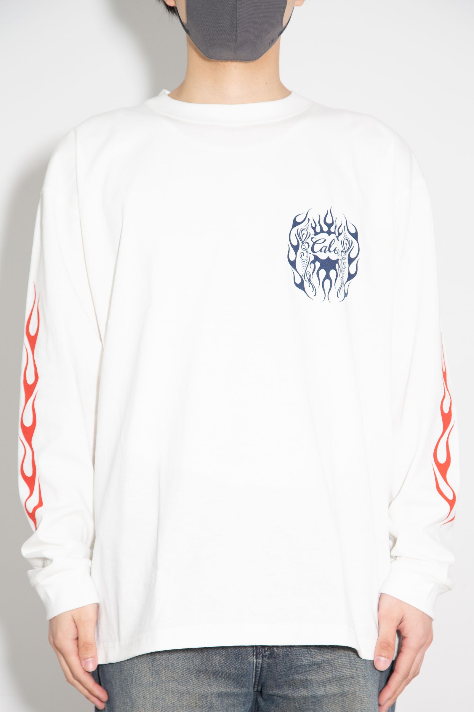 VINTAGE TYPE FLAME LOGO PINSTRIPING L/ S TEE ＜NATURALLY PAINT DESIGN＞ / ホワイト