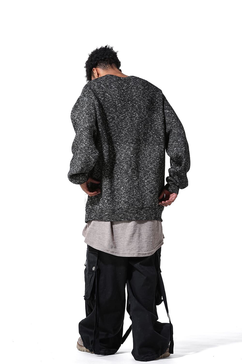 幾何学模様リラックスフィットニット / Geo Pattern Knit Top / グレー×ベージュ / ag-8011-1