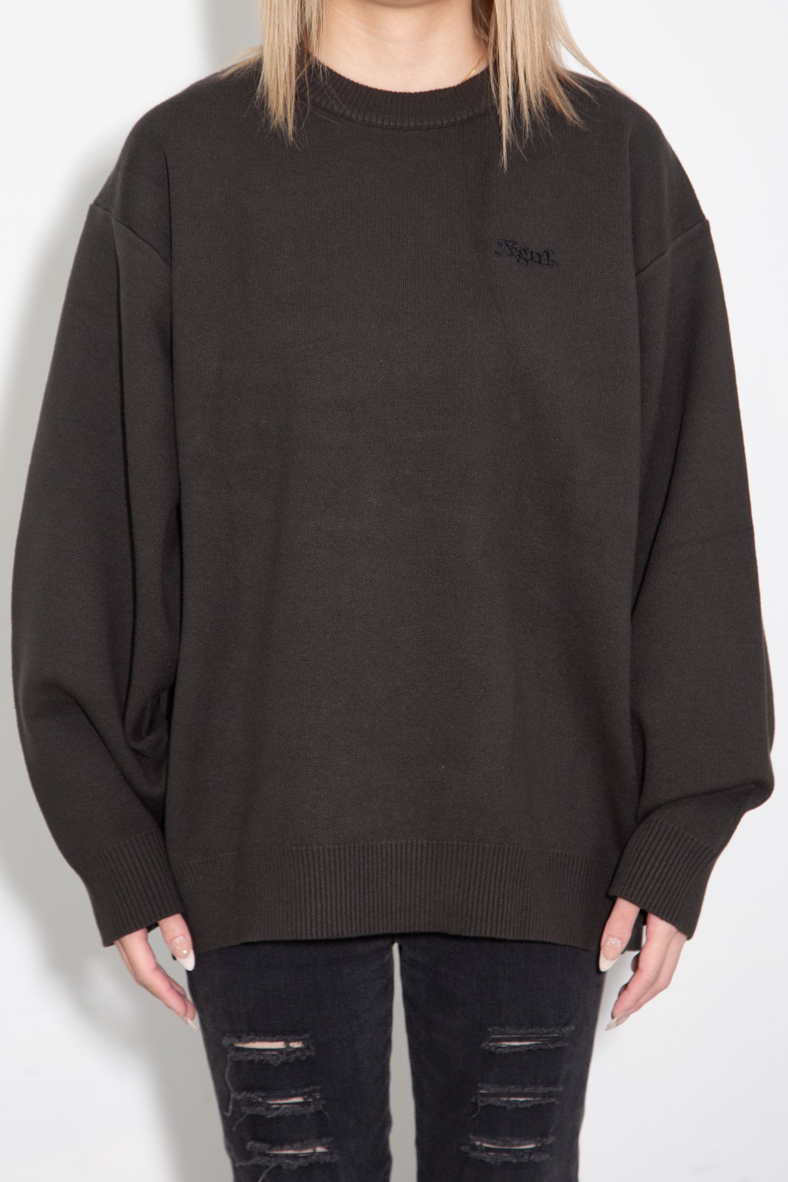 [ラスト1点] FACE EMBROIDERY KNIT TOP / チャコール