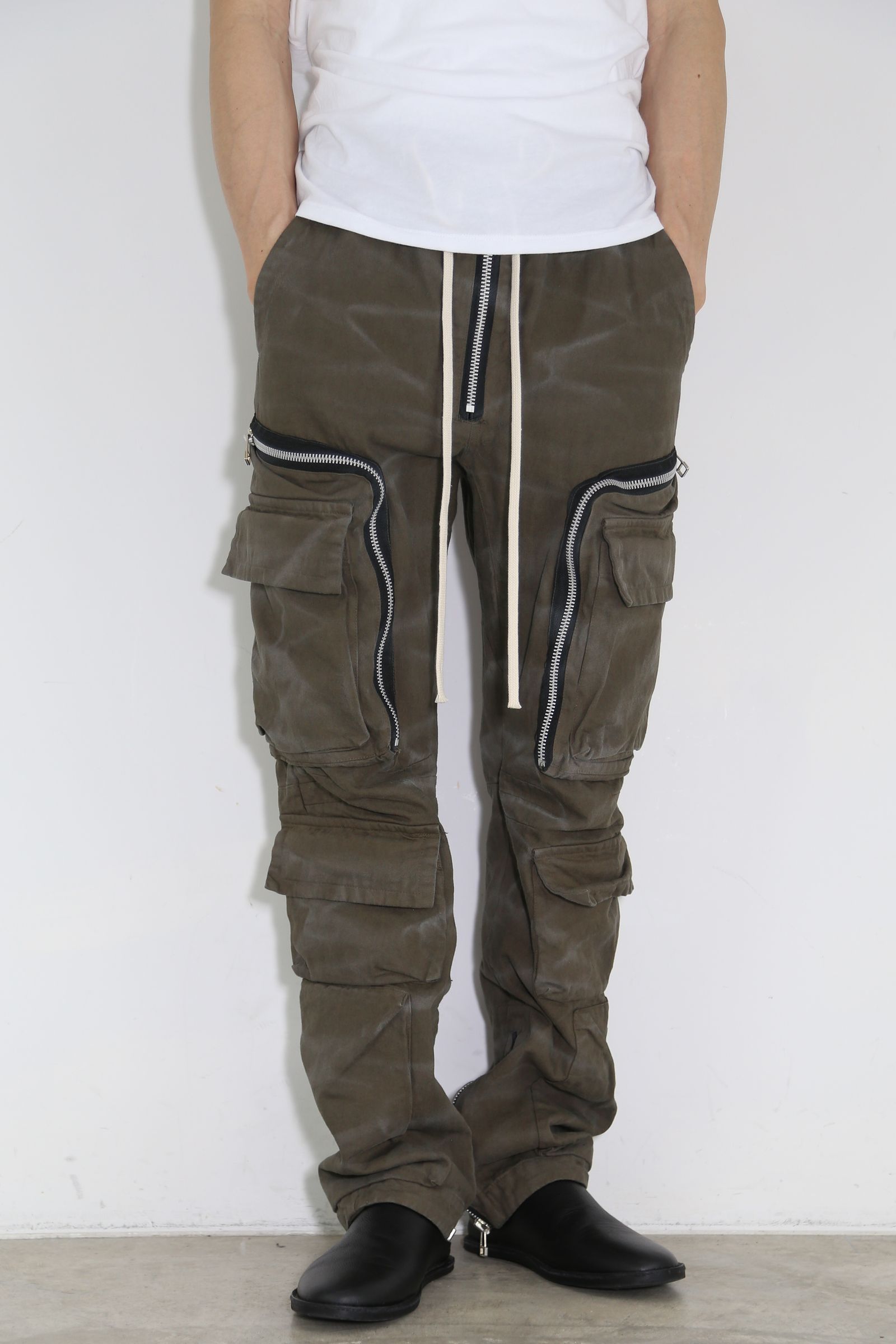 ヴィンテージ染めジップカーゴパンツ / Vintage Dyed Zip Long Pants / カーキ / ag-7036-1