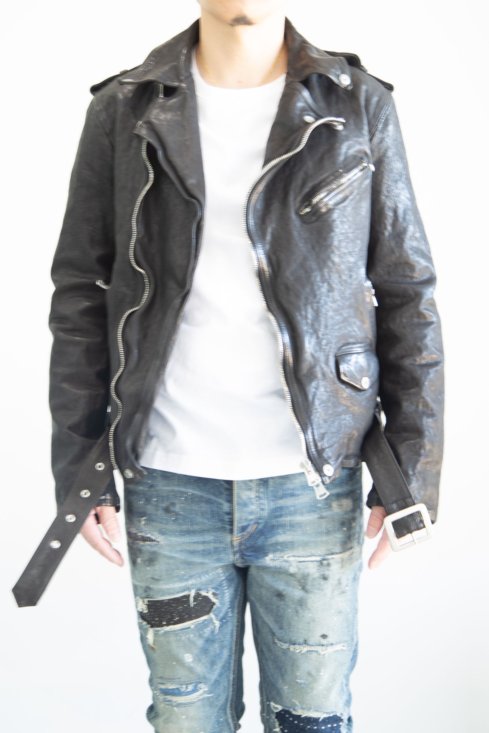 JAPAN CALF NATURAL DYED “GARMENT-WASH” DOUBLE RIDERS / ブラック