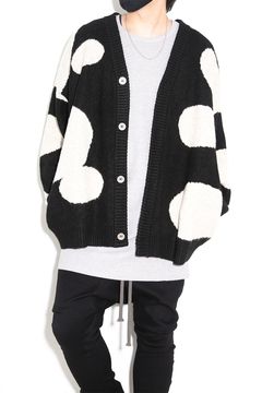 ドット模様オーバーサイズカーディガン / Polka Pattern Knit Cardigan / ブラック×ベージュ / ag-8010