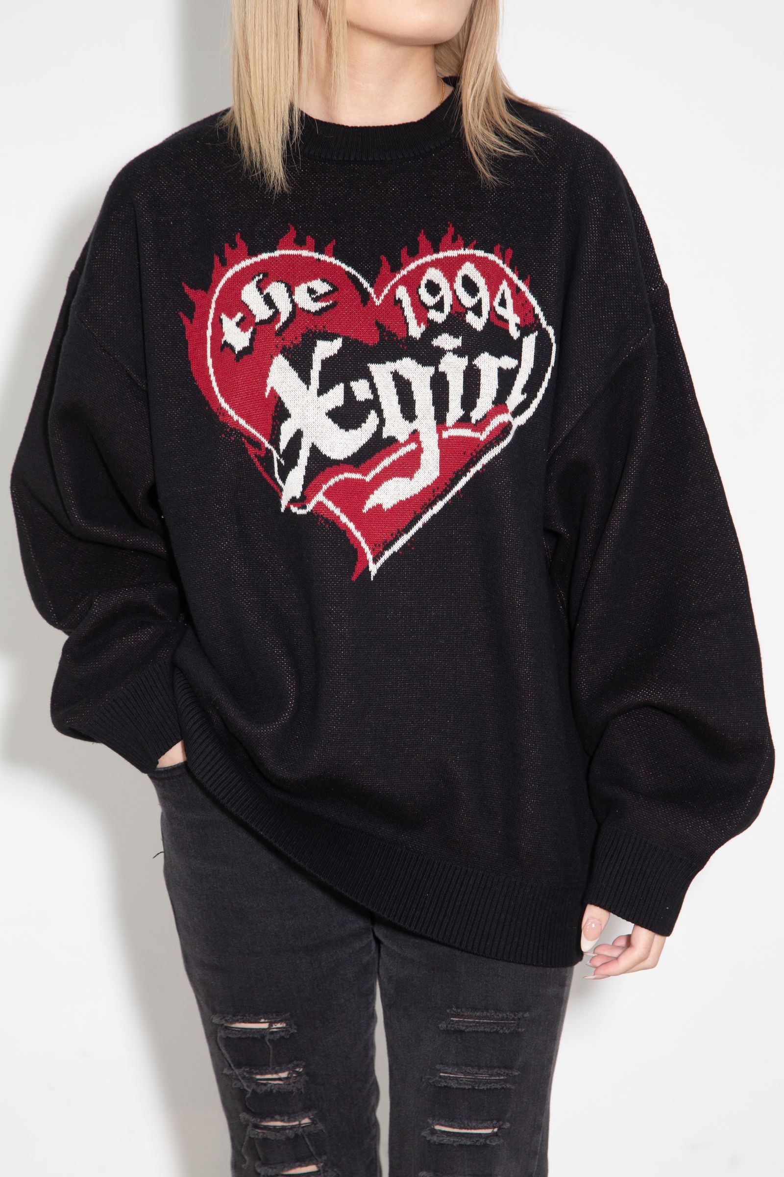 HEART LOGO JACQUARD KNIT TOP / ブラック