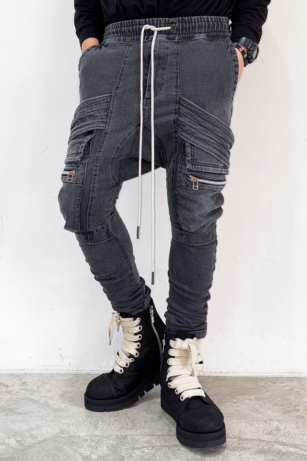 サルエルカーゴスキニーデニム / Indigo Denim Cargo Sarouel Skinny / ダメージブラック / ag-6036-2