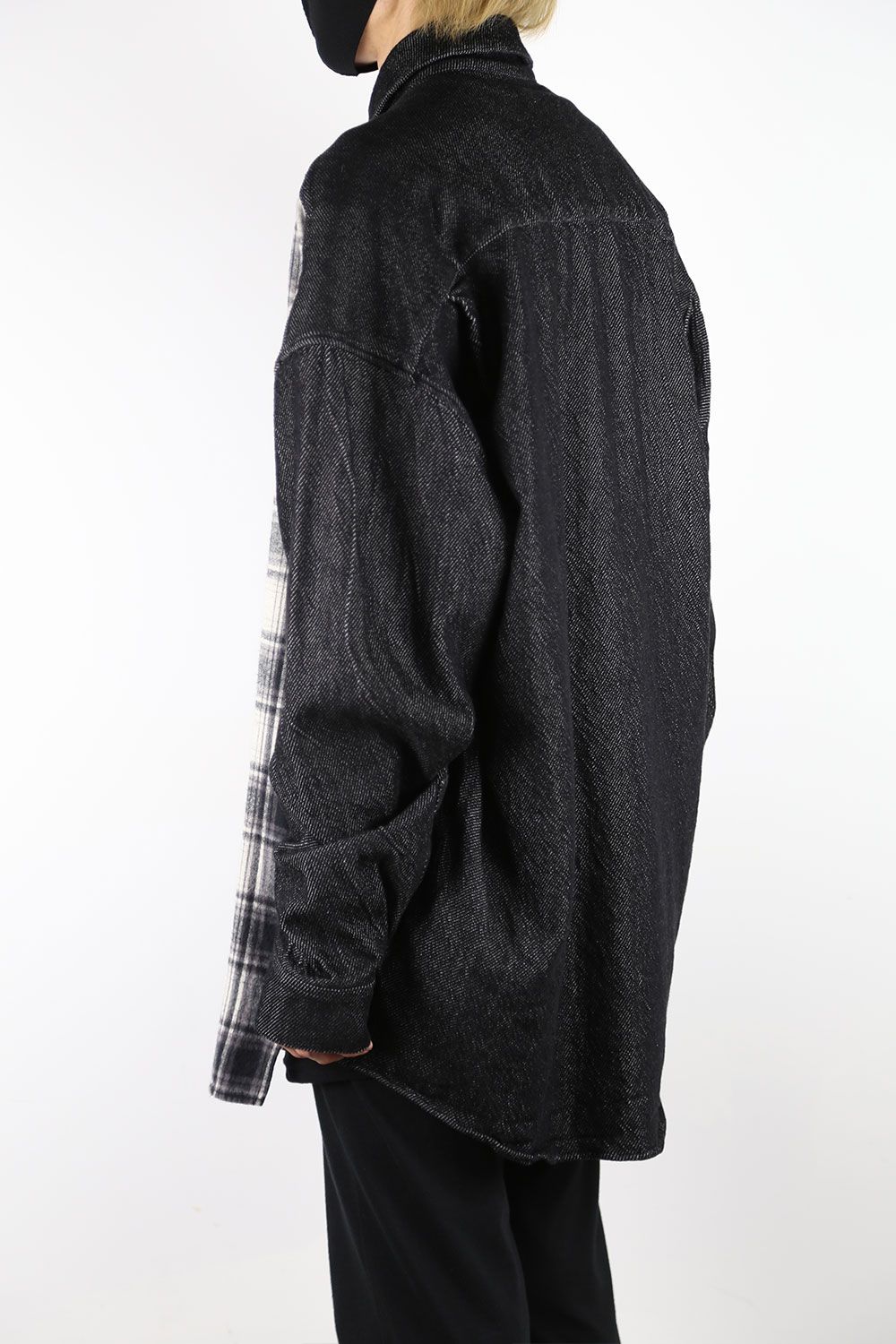 フロントジップアシンメトリーチェックコンビコクーンシャツ / FRONT ZIP ASYMMETRY CHECK COMBI COCOON  SHIRTS / ブラックチェック