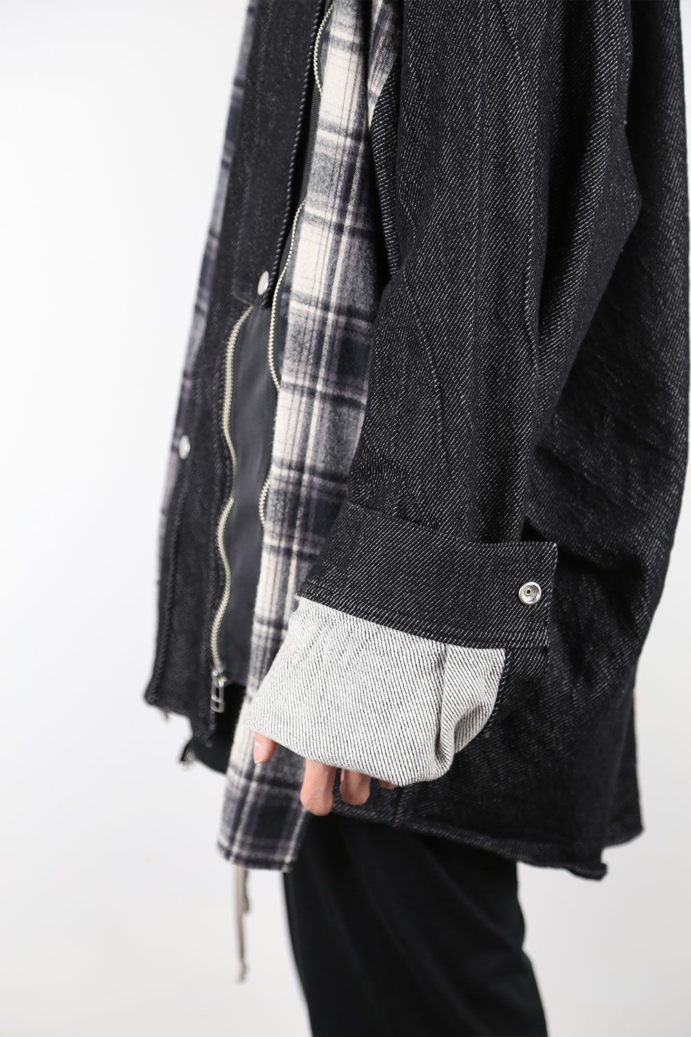フロントジップアシンメトリーチェックコンビコクーンシャツ / FRONT ZIP ASYMMETRY CHECK COMBI COCOON  SHIRTS / ブラックチェック