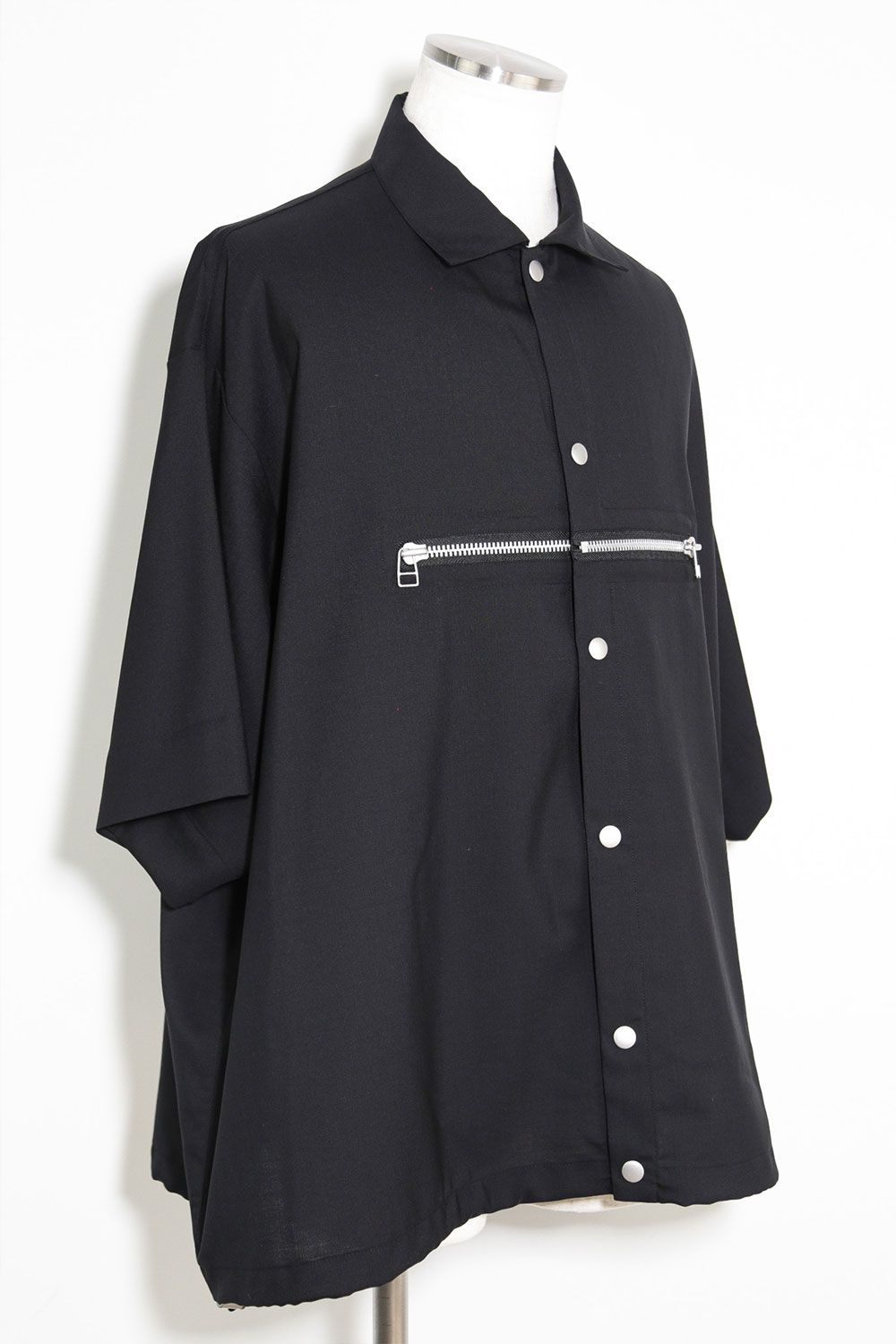 サマーウールハーフスリーブシャツ / Summer Wool Front Zip Harf Sleeve Shirts / ブラック / ag-9060-2