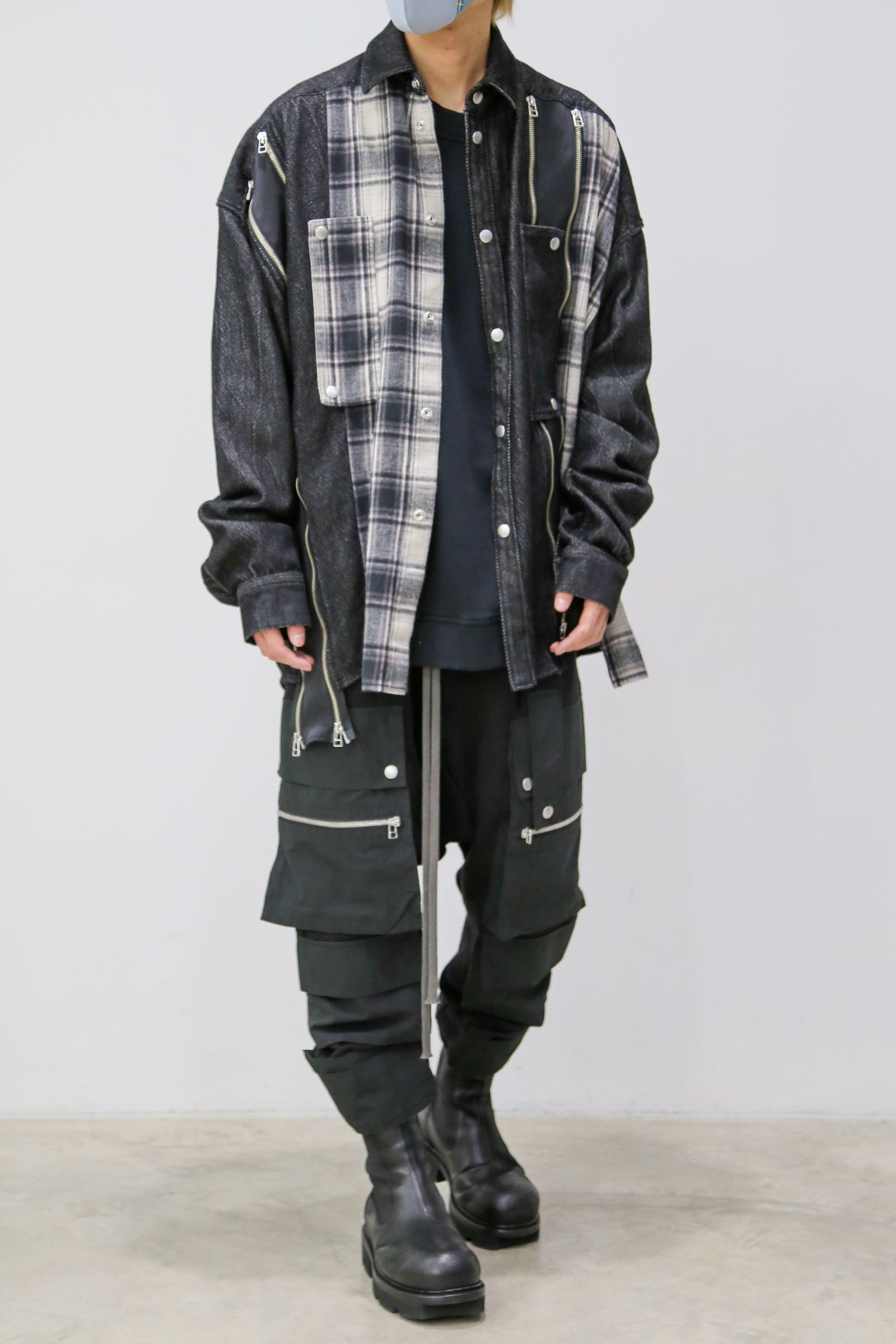 フロントジップアシンメトリーチェックコンビコクーンシャツ / FRONT ZIP ASYMMETRY CHECK COMBI COCOON  SHIRTS / ブラックチェック