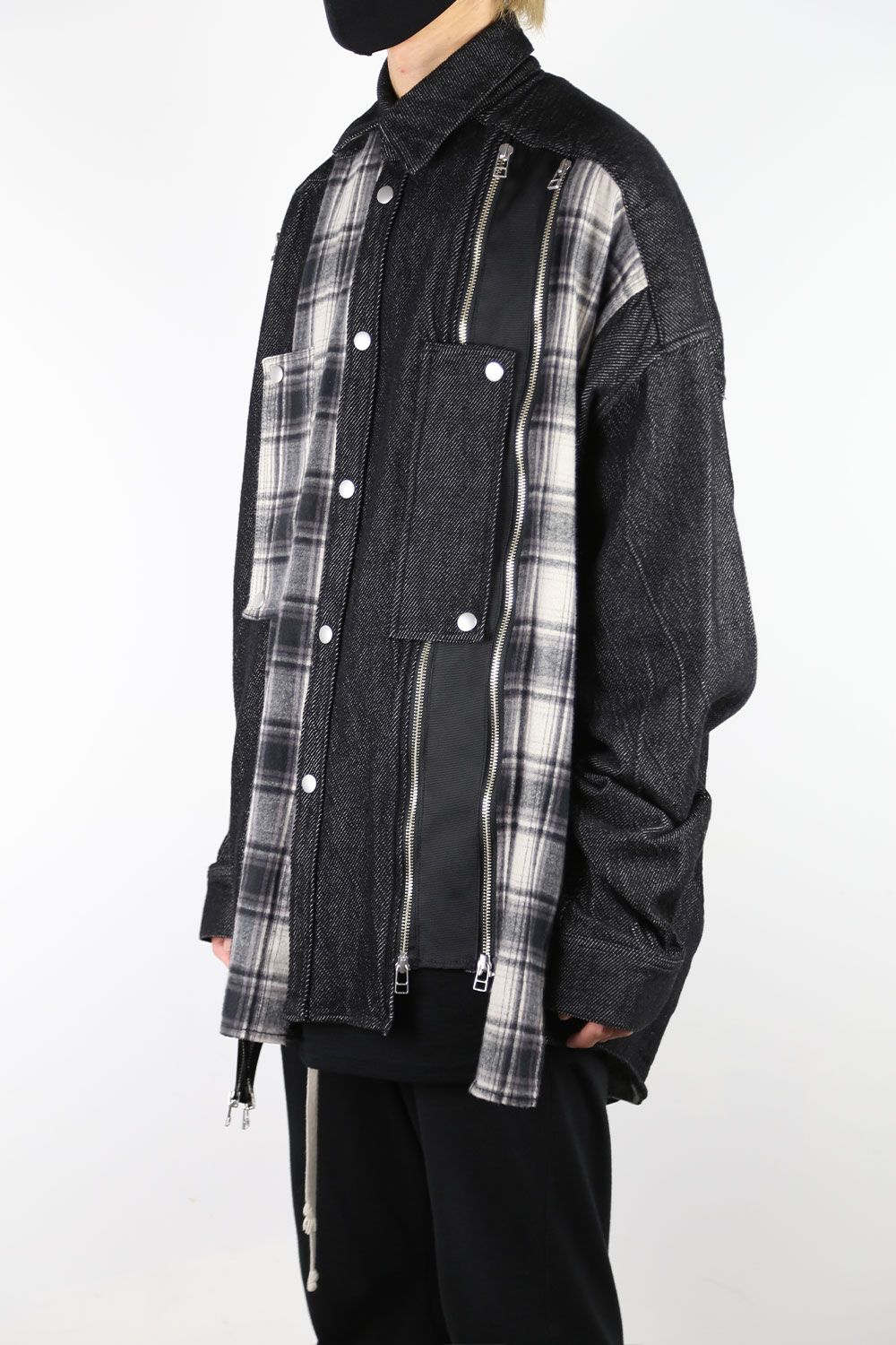 フロントジップアシンメトリーチェックコンビコクーンシャツ / FRONT ZIP ASYMMETRY CHECK COMBI COCOON  SHIRTS / ブラックチェック