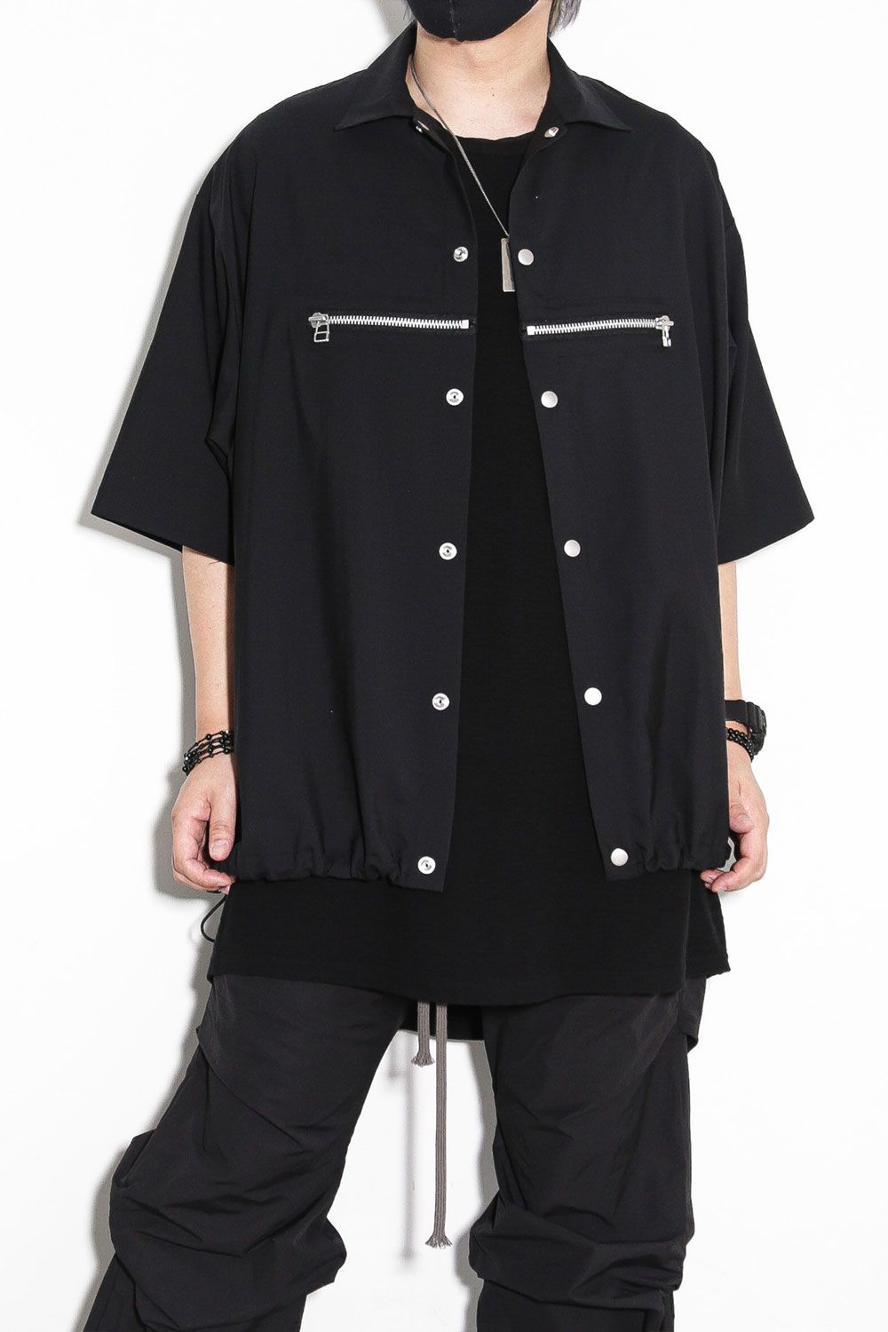 サマーウールハーフスリーブシャツ / Summer Wool Front Zip Harf Sleeve Shirts / ブラック / ag-9060-2