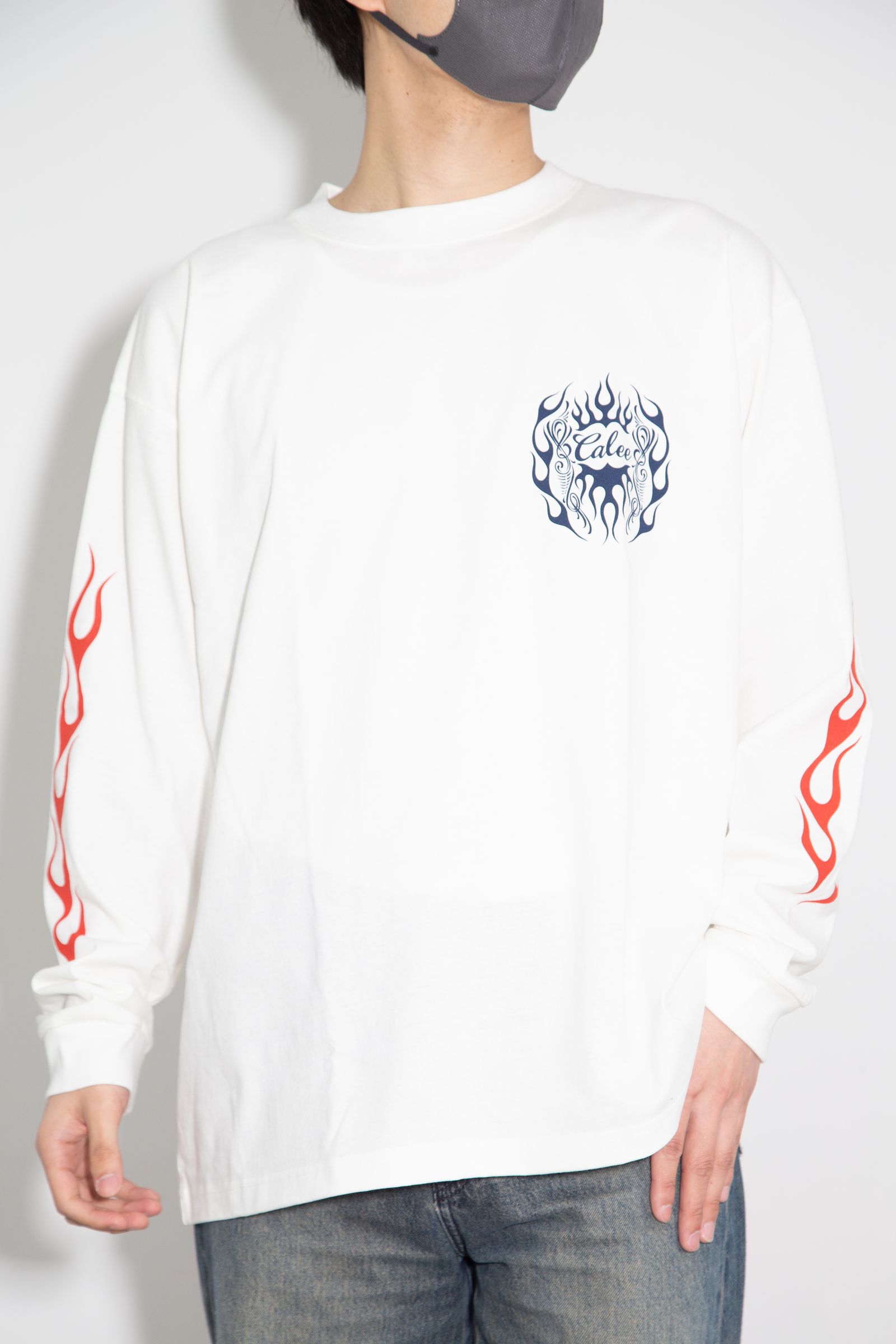 VINTAGE TYPE FLAME LOGO PINSTRIPING L/ S TEE ＜NATURALLY PAINT DESIGN＞ / ホワイト