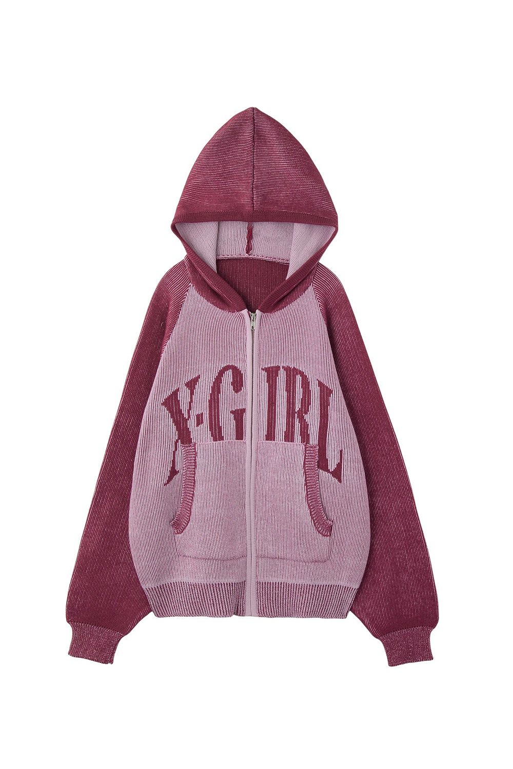 LOGO JACQUARD ZIP UP KNIT HOODIE / ピンク