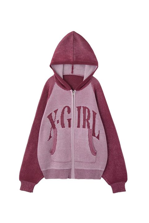 LOGO JACQUARD ZIP UP KNIT HOODIE / ピンク