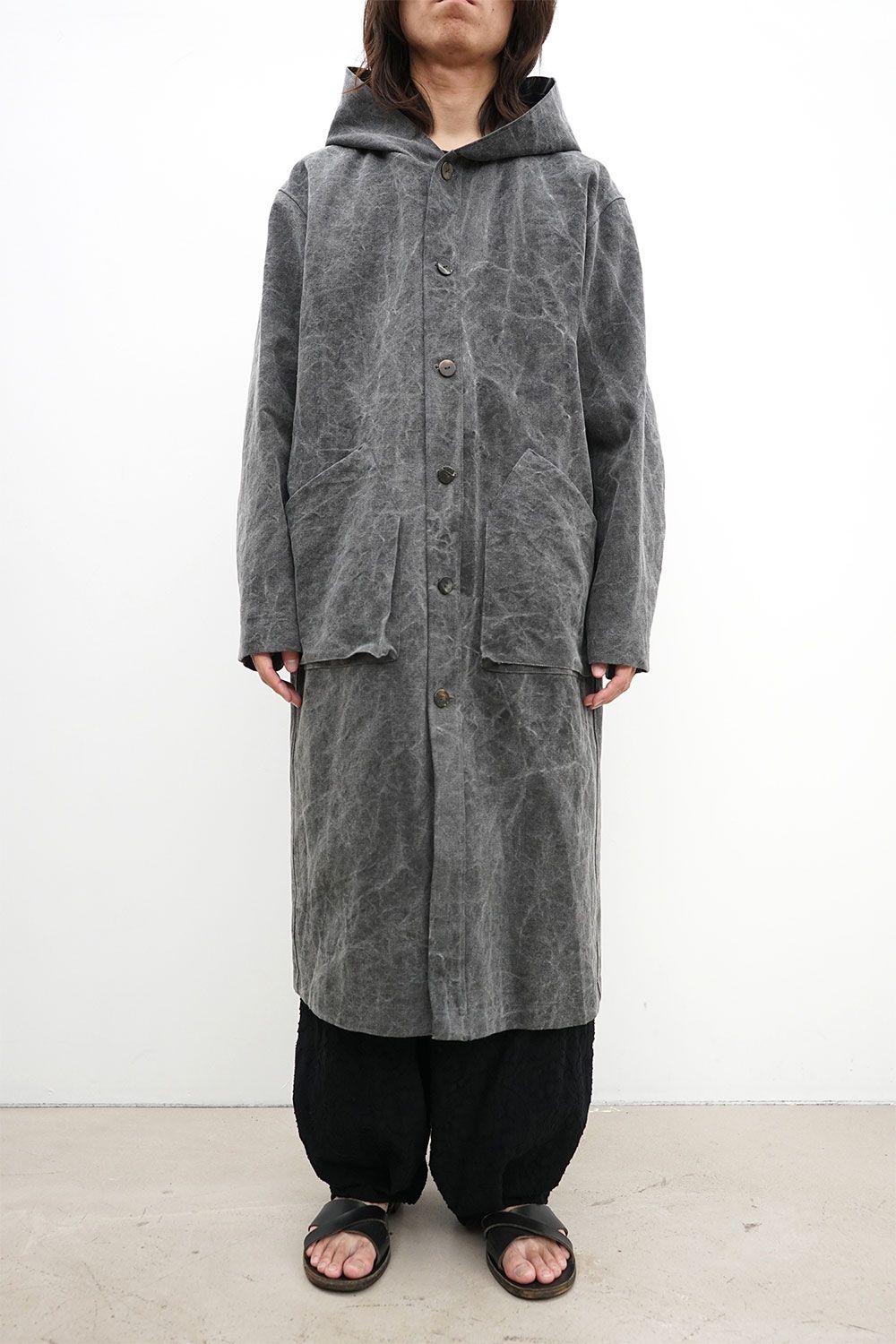 最終お値下げティッカ　ボアコート kujaku - Hooded Long Coat / チャコール | Tempt