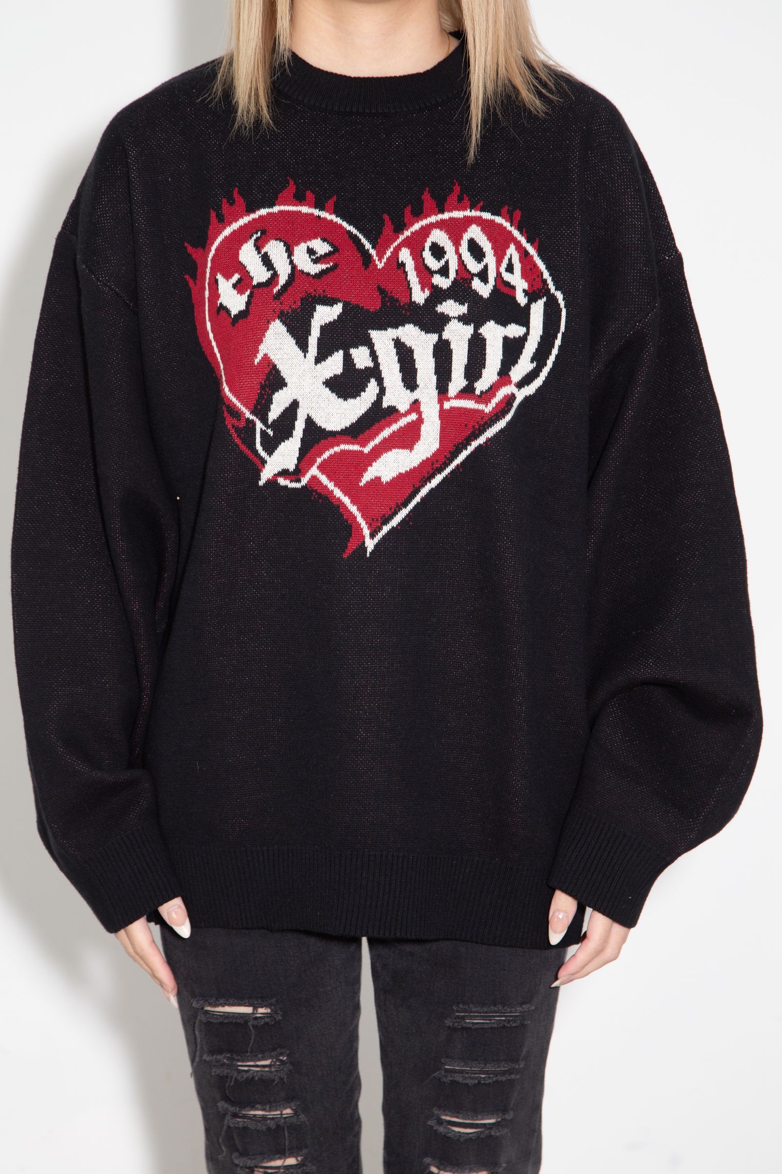 HEART LOGO JACQUARD KNIT TOP / ブラック