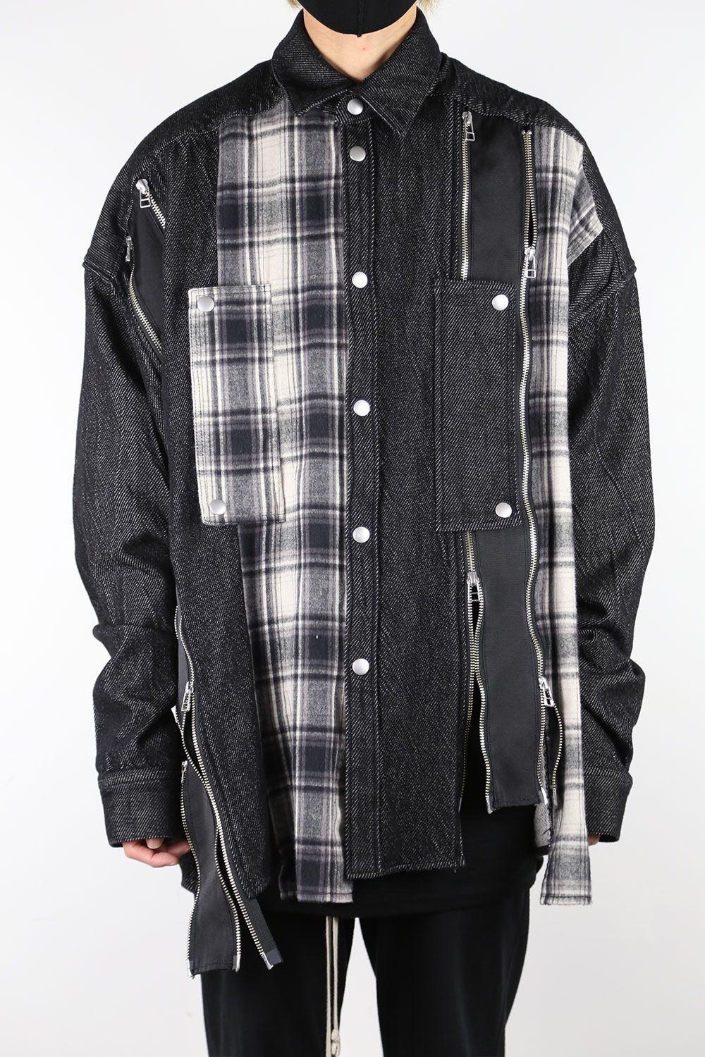フロントジップアシンメトリーチェックコンビコクーンシャツ / FRONT ZIP ASYMMETRY CHECK COMBI COCOON  SHIRTS / ブラックチェック