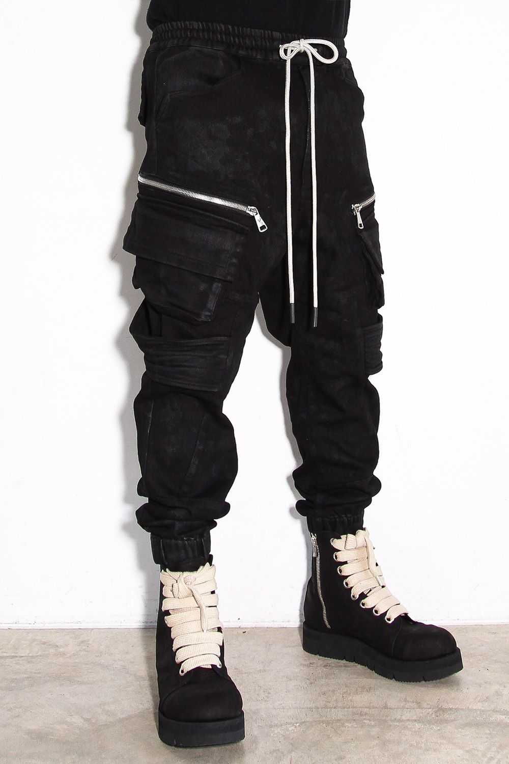 【コーティングあり】ベルトカーゴジョガーデニム / COATED BELT CARGO JOGGER DENIM / ブラック / ag-12064-2