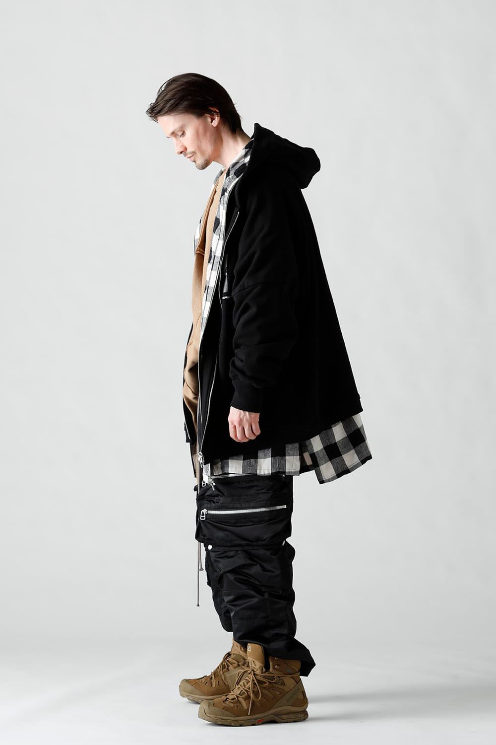 Check Layered Big Hoodie / ブラック×ホワイト