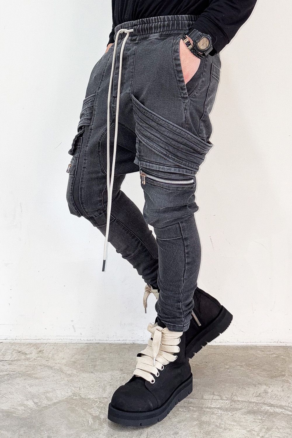 サルエルカーゴスキニーデニム / Indigo Denim Cargo Sarouel Skinny / ダメージブラック / ag-6036-2